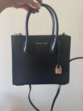 Michael Kors Black Leather Mini Mercer Crossbody with Gold Accent Padlock